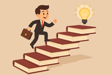 Obraz premium Ambitious businessman climbing staircase made of books toward glowing light bulb, symbolizing knowledge, education, success, career growth, innovation, learning, personal development, and achievement