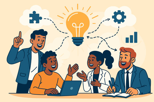 Diverse business team brainstorming innovative solutions, teamwork collaboration, idea generation, problem solving, creative strategy, connecting concepts, productivity, cartoon vector illustration