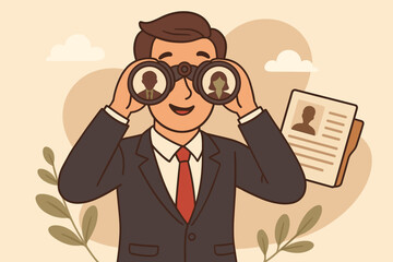 Human resources manager searching for job candidates with binoculars. Recruitment process, talent acquisition, headhunting, HR professional, employee selection, career opportunity concept illustration