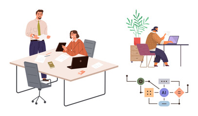 Two colleagues discuss documents in office with laptops, remote worker at desk, AI flowchart. Ideal for teamwork, technology, collaboration, remote work, innovation AI productivity. Simple flat