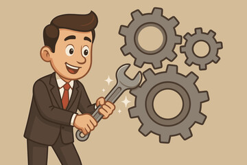 Businessman Cartoon with Wrench Adjusting Gears, Technical Support Maintenance Concept, Teamwork, Problem Solving, Process Optimization, Engineering, Vector Illustration