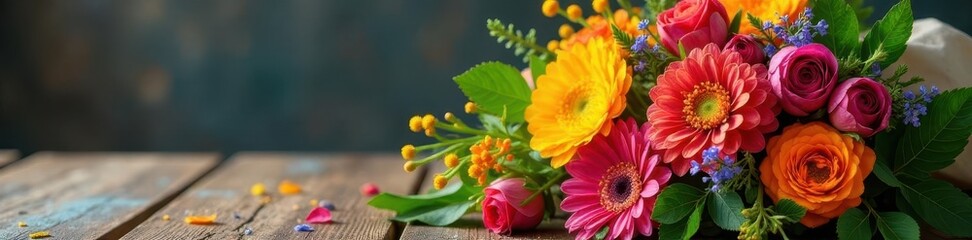 A bouquet of colorful edible flowers on a wooden table , wellness, botanical, healing herbs