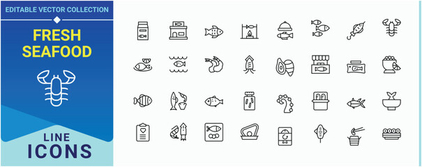 Fresh Seafood icon set. Includes thin line symbols grilled, sea, cooking, baked fish, fish fry, fishing, seafood soup and more. Seafood linear icon set. Isolated icons. Vector illustration.