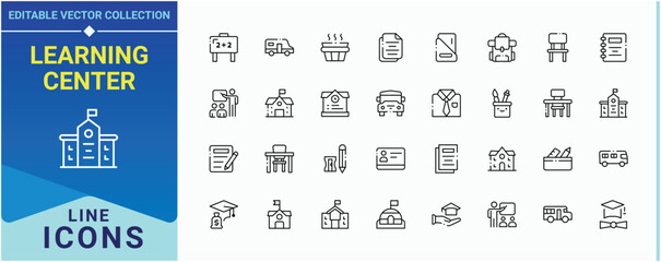 Learning Center icon set. Includes symbols for knowledge, learn, learning, student, diploma, study and more. School icon pack. Vector icons collection. Editable stroke vector art.