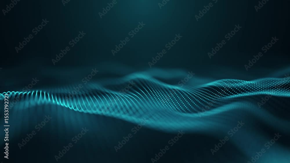 Poster abstract digital wave pattern that features moving illuminated blue dots on a dark background creati