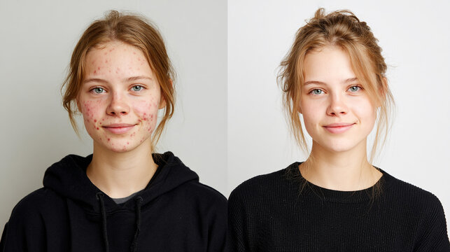 Beauty Transformation: A side-by-side comparison showcasing the remarkable effect of beauty, the before-and-after photos encapsulate the journey of skin improvement and transformation