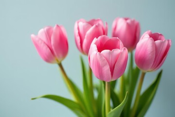 Five delicate pink tulips in a vibrant bouquet, isolated , spring flowers, five tulips