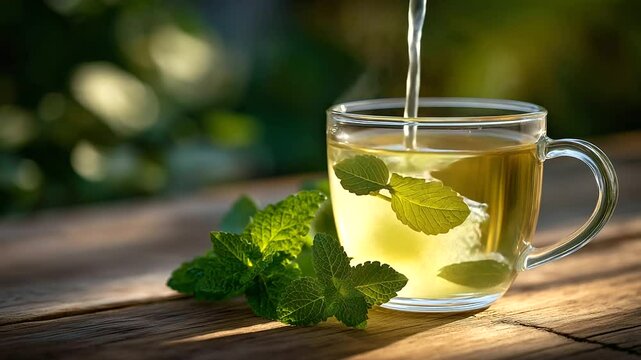 Steaming herbal tea in a clear glass cup on a natural wood table, fresh lemon verbena and mint leaves placed close by, warm sunlight creating soft shadows for a serene wellness sce