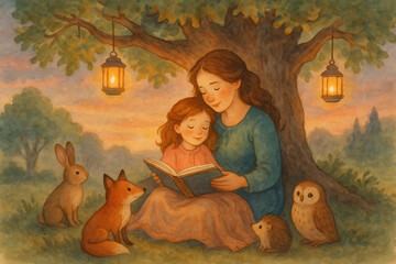 Mother and Child Resting Under Lanterns with Forest Animals