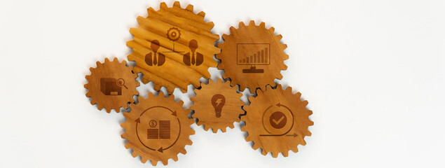 Panorama banner of wooden cogwheel gear connecting each other symbolize function productive system...