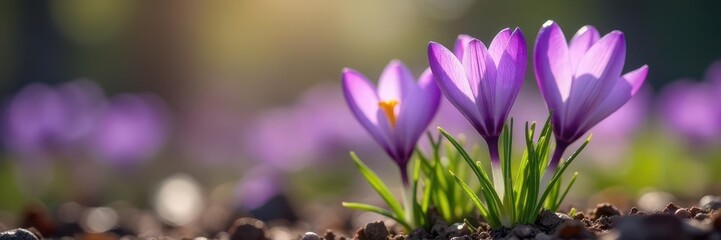 Fototapeta premium Delicate violet crocus flowers blooming in a garden, plant life, violet crocus, crocus flowers