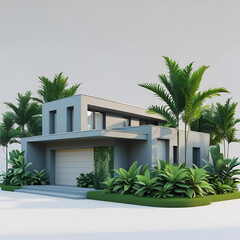 Luxury resort architecture featuring tropical palm trees, a vibrant garden, and a clear summer sky, perfect for a relaxing vacation