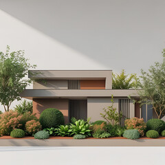 Modern luxury residential architecture with a lush garden, blue sky, and large windows on the facade