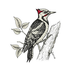Captivating Woodpecker Illustration Detailed Bird Perched on Branch Surrounded by Foliage Artistic Rendition of Wildlife with Intricate Detailing and Shading