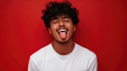 Young man with curly hair sticking out his tongue