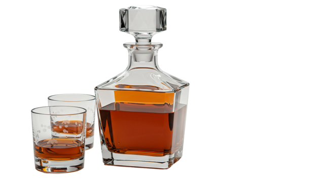 A sophisticated whiskey decanter with glasses on a sleek black background.