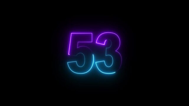 Glowing neon numeric text 53 number countdown icon background 4k animation. Purple and cyan neon font alpha number. Neon number 53 with alpha channel, Energy&nbsp;neon&nbsp;53&nbsp;number.