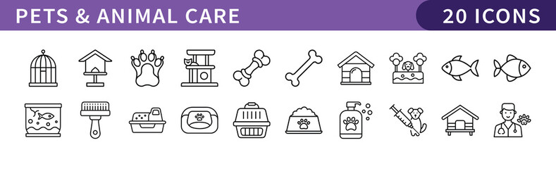 Pets and Animal Care Icons Set, A set of 20 icons representing pets and animal care essentials, perfect for pet care, veterinary, and animal-related projects.
