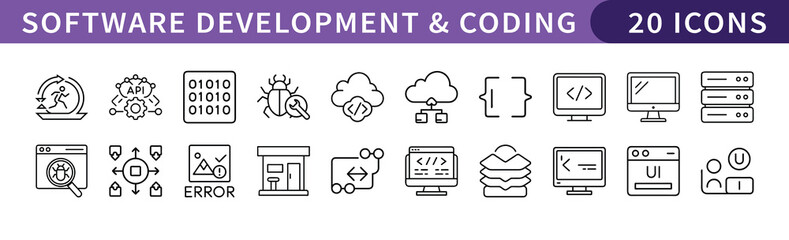 Software Development and Coding Icons Set, A collection of 20 icons representing software development, coding, and programming, ideal for tech, IT, and software-related projects.
