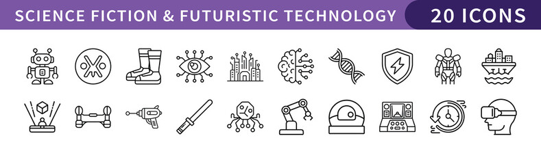 Science Fiction and Futuristic Technology Icons Set, A set of 20 icons representing science fiction and futuristic technology, perfect for sci-fi, innovation, and technology-related projects.
