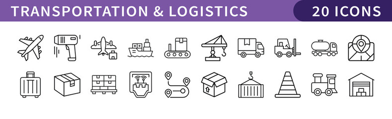 Transportation and Logistics Icons Set, A set of 20 icons representing transportation and logistics, perfect for shipping, supply chain, and travel-related projects.
