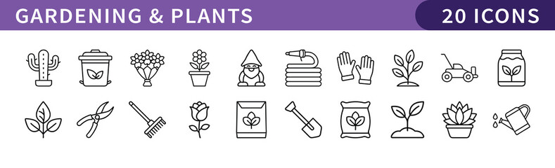 Gardening and Plants Icons Set, A set of 20 icons representing gardening tools, plants, and gardening activities, perfect for plant care, gardening, and outdoor projects.
