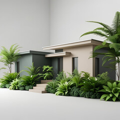 Luxury tropical villa with palm trees in the garden and a view of the sky
