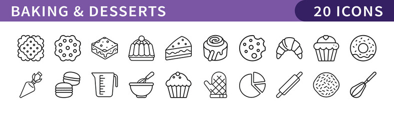 Baking and Desserts Icons Set, A collection of 20 icons featuring baking and desserts, including cupcakes, cookies, mixers, and baking tools.
