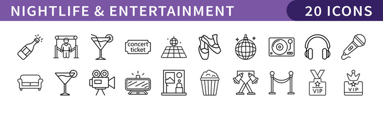 Nightlife and Entertainment Icons Set, A collection of 20 icons representing nightlife and entertainment, including drinks, music, dancing, parties, and entertainment venues.
