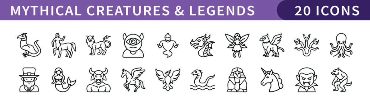 Mythical Creatures and Legends Icons Set, A collection of 20 icons representing mythical creatures and legendary beings, including unicorns, fairies, dragons, and other fantasy symbols.
