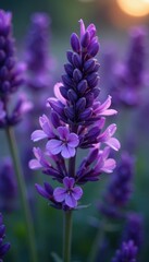 Obraz premium Close-up vibrant purple lavender blossoms, dew-kissed , fragrant, Provence, natural