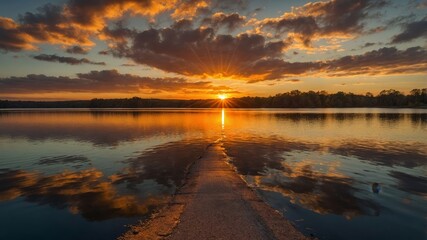 Colorful Sunset Over Calm Lake With Reflections on the Water and a Stone Pathway Leading Towards the Horizon