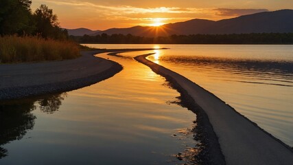 Beautiful Sunset Over Winding River at a Tranquil Location Surrounded by Mountains and Greenery During Early Evening Hours