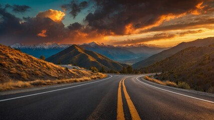 Winding Road Through Mountains at Sunset With Vibrant Clouds and Snow-Capped Peaks in the Background