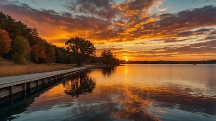 Vibrant Sunset Reflecting on Tranquil Lake With Wooden Dock Surrounded by Autumn Foliage in a Peaceful Natural Setting