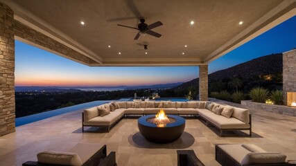 Cozy Outdoor Lounge With Fire Pit at Sunset Overlooking the Hills and Valley in a Serene Setting