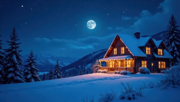Dark blue night sky with stars, moon and Christmas lights on a snowy house, festive atmosphere, christmas lights