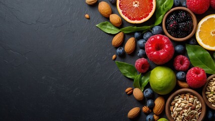 Fresh Fruits and Nuts Arranged Artfully on a Dark Surface Create a Vibrant and Healthy Display Perfect for a Nutritious Meal or Snack