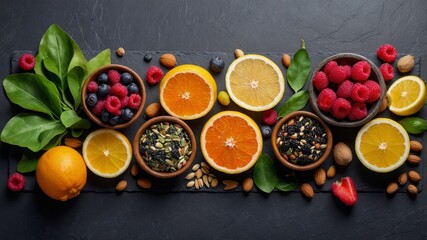 Vibrant Display of Fresh Fruit and Nuts Arranged on a Dark Surface Showcasing a Variety of Flavors and Colors in a Beautiful Natural Setting