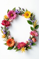 Fresh wildflowers arranged in a circular floral wreath with leaves and stems, nature, garden