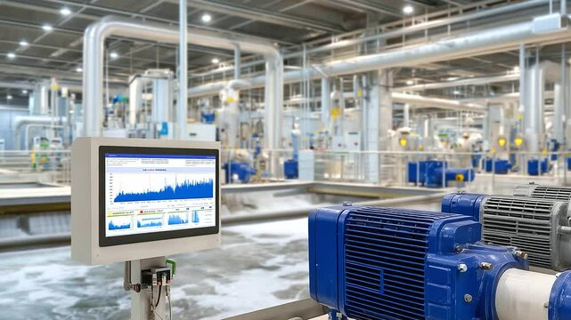 Industrial wastewater pumps operating within a large-scale treatment plant, pipes twisting overhead and instrumentation displaying real-time data for efficient sewage processing.
