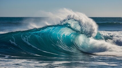 Dynamic Ocean Wave Crashing Under Sunlight at a Beach, Showcasing Vibrant Blue Colors and Foam During a Clear Day
