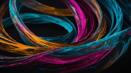 Vibrant Colorful Swirls of Translucent Material Illuminated With Contrasting Light Create an Artistic Composition on a Black Background