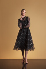 Fashion model wearing a black polka-dot sheer midi dress with lace accents and transparent sleeves,...