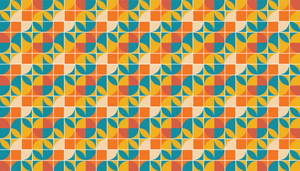 Colorful seamless geometric pattern with retro tones of orange, yellow, teal, and beige. Features rotating quarter-circle segments arranged in a rhythmic, pinwheel-like design. 