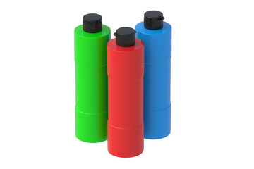Three bottles of paints acrylic, oil or gouache isolated on white background. 3d render