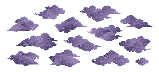 Line drawing Asian clouds collection isolated, blue on transparent. Hand drawn vector illustration. Chinese, Japanese, Korean design elements, clip art set. Traditional Buddhist thangka art