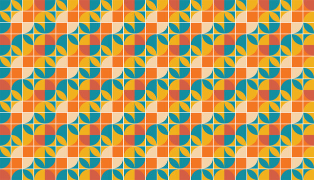 Colorful seamless geometric pattern with retro tones of orange, yellow, teal, and beige. Features rotating quarter-circle segments arranged in a rhythmic, pinwheel-like design. 