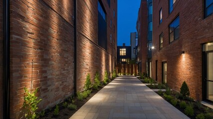 Obraz premium Elegant Urban Alleyway at Dusk With Warm Lighting and Modern Architecture Setting a Serene Atmosphere for Evening Strolls