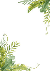 Obraz premium Watercolor illustration of Tropical Leaves vertical square Frame, border. Summer card template. Exotic plants background for greeting cards and invitations.